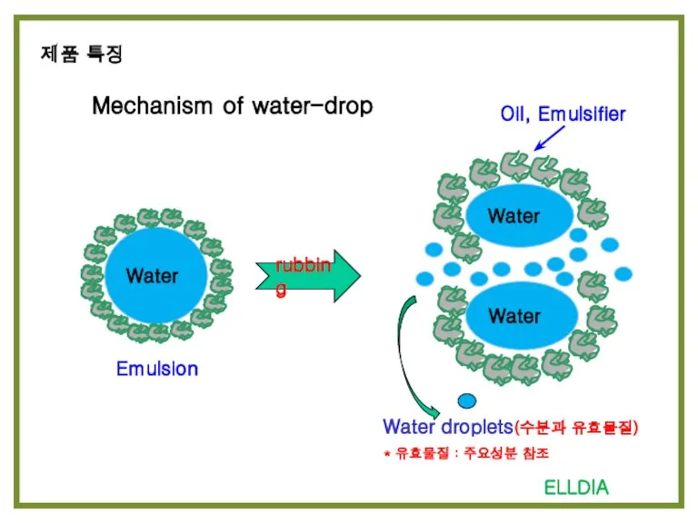 Mechanism of water-drop rubbing Water droplets(수분과 유효물질) 제품 특징 ELLDIA Emulsion Oil,