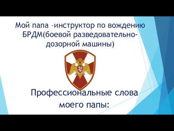 Мой папа –инструктор по вождению БРДМ(боевой разведовательно-дозорной машины) Профессиональные слова моего папы: