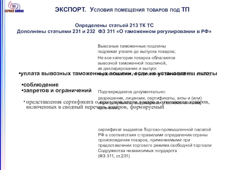 ЭКСПОРТ. Условия помещения товаров под ТП уплата вывозных таможенных пошлин, если не