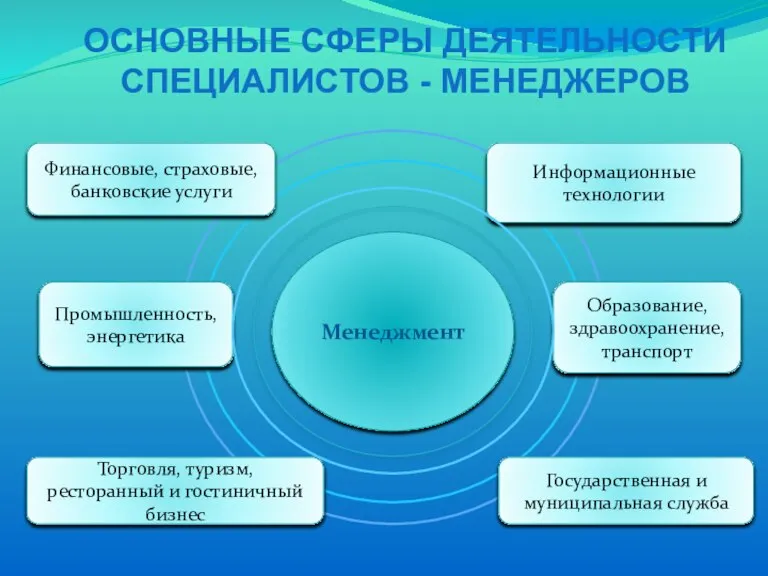 ОСНОВНЫЕ СФЕРЫ ДЕЯТЕЛЬНОСТИ СПЕЦИАЛИСТОВ - МЕНЕДЖЕРОВ Менеджмент Финансовые, страховые, банковские услуги Информационные