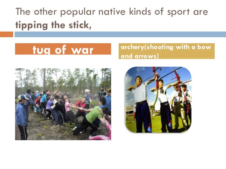 The other popular native kinds of sport are tipping the stick, tug