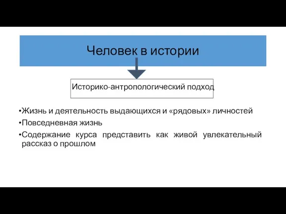 Человек в истории Историко-антропологический подход Жизнь и деятельность выдающихся и «рядовых» личностей