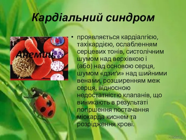 Кардіальний синдром проявляється кардіалгією, тахікардією, ослабленням серцевих тонів, систолічним шумом над верхівкою