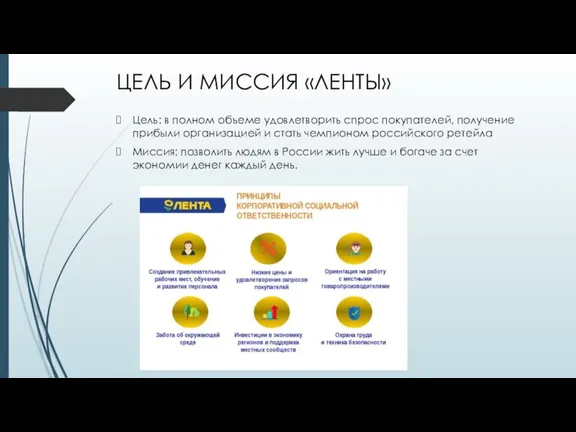 ЦЕЛЬ И МИССИЯ «ЛЕНТЫ» Цель: в полном объеме удовлетворить спрос покупателей, получение