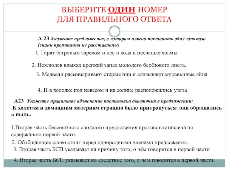 ВЫБЕРИТЕ ОДИН НОМЕР ДЛЯ ПРАВИЛЬНОГО ОТВЕТА А 23 Укажите предложение, в котором