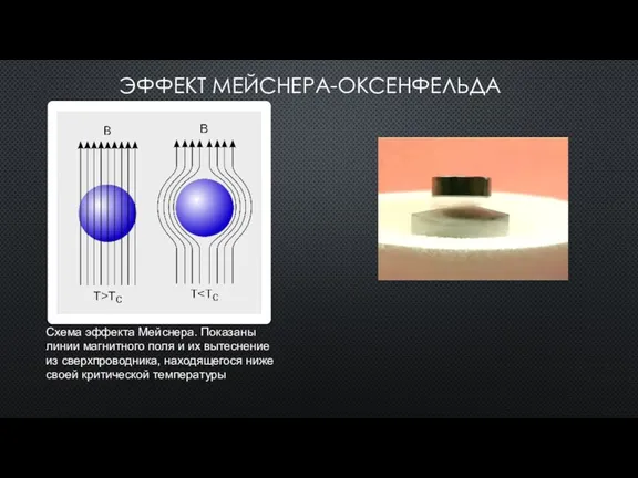 Схема эффекта Мейснера. Показаны линии магнитного поля и их вытеснение из сверхпроводника,