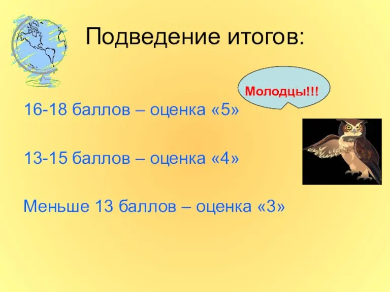 Подведение итогов: 16-18 баллов – оценка «5» 13-15 баллов – оценка «4»