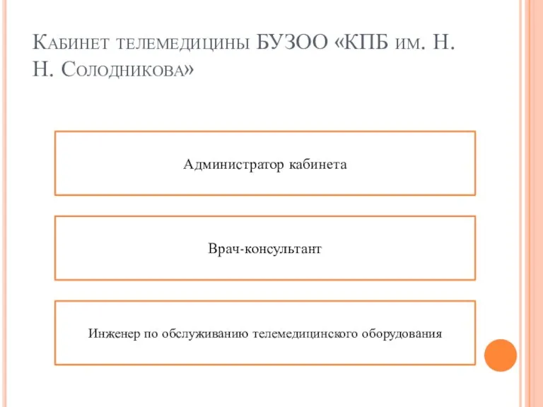 Кабинет телемедицины БУЗОО «КПБ им. Н.Н. Солодникова» Администратор кабинета Врач-консультант Инженер по обслуживанию телемедицинского оборудования