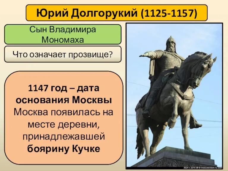 Сын Владимира Мономаха Юрий Долгорукий (1125-1157) 1147 год – дата основания Москвы