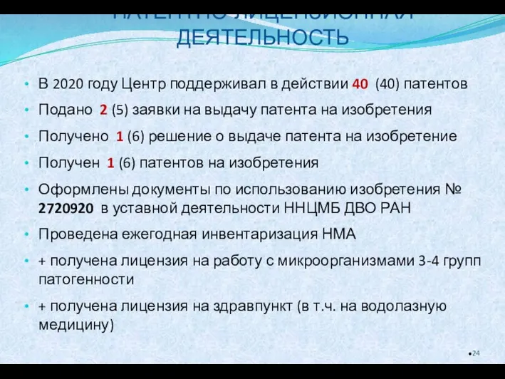 ПАТЕНТНО-ЛИЦЕНЗИОННАЯ ДЕЯТЕЛЬНОСТЬ В 2020 году Центр поддерживал в действии 40 (40) патентов