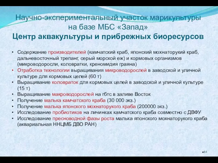 Научно-экспериментальный участок марикультуры на базе МБС «Запад» Центр аквакультуры и прибрежных биоресурсов