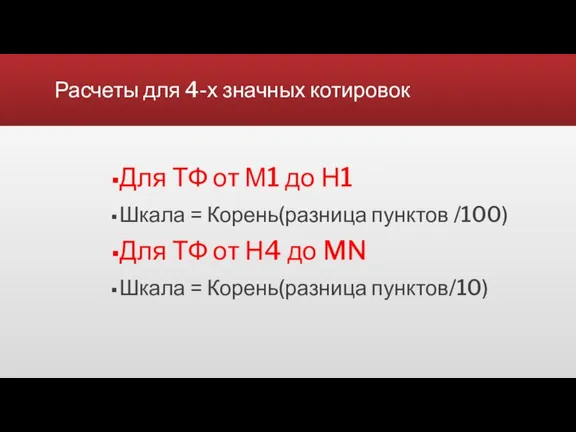 Расчеты для 4-х значных котировок Для ТФ от М1 до Н1 Шкала