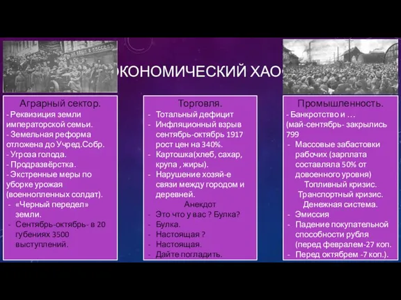 ЭКОНОМИЧЕСКИЙ ХАОС Аграрный сектор. - Реквизиция земли императорской семьи. - Земельная реформа