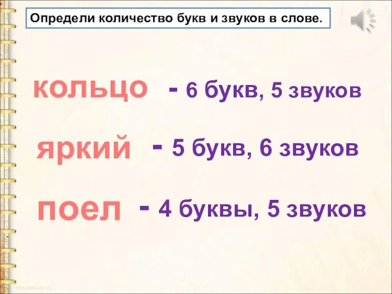 Определи количество букв и звуков в слове. кольцо яркий поел - 6