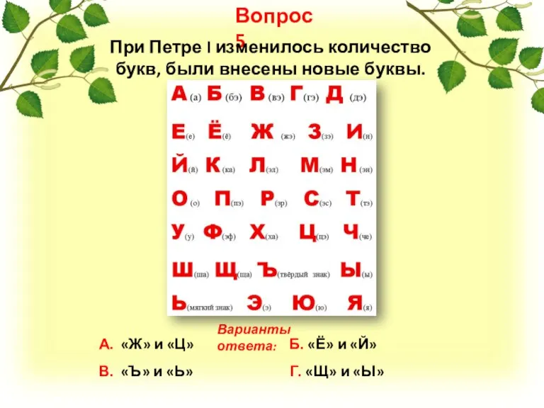 Вопрос 5 А. «Ж» и «Ц» Б. «Ё» и «Й» В. «Ъ»