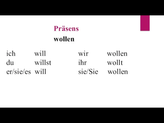 Präsens wollen ich will du willst er/sie/es will wir wollen ihr wollt sie/Sie wollen