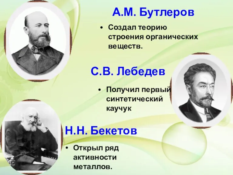 Н.Н. Бекетов Открыл ряд активности металлов. С.В. Лебедев Получил первый синтетический каучук