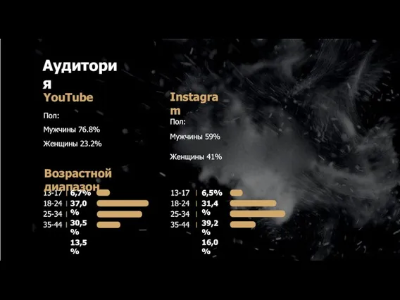 Аудитория 6,5% 31,4% 39,2% 16,0% 6,7% 37,0% 30,5% 13,5% 13-17 18-24 25-34