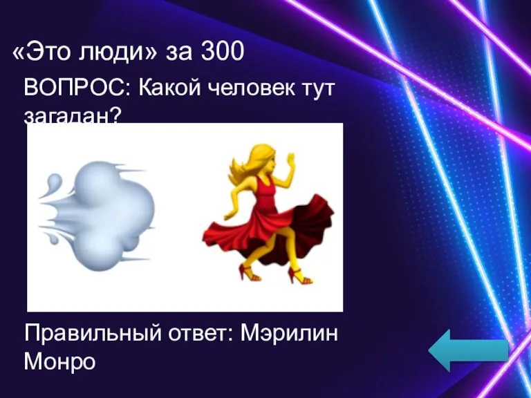 «Это люди» за 300 ВОПРОС: Какой человек тут загадан? Правильный ответ: Мэрилин Монро