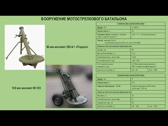 ВООРУЖЕНИЕ МОТОСТРЕЛКОВОГО БАТАЛЬОНА 82-мм миномет 2Б14-1 «Поднос» 120 мм миномет М-120