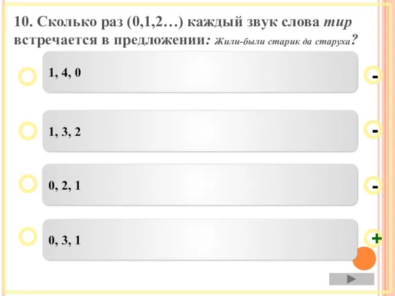 10. Сколько раз (0,1,2…) каждый звук слова тир встречается в предложении: Жили-были