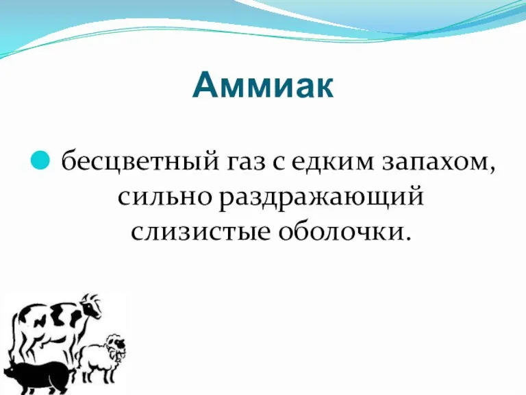 Аммиак бесцветный газ с едким запахом, сильно раздражающий слизистые оболочки.