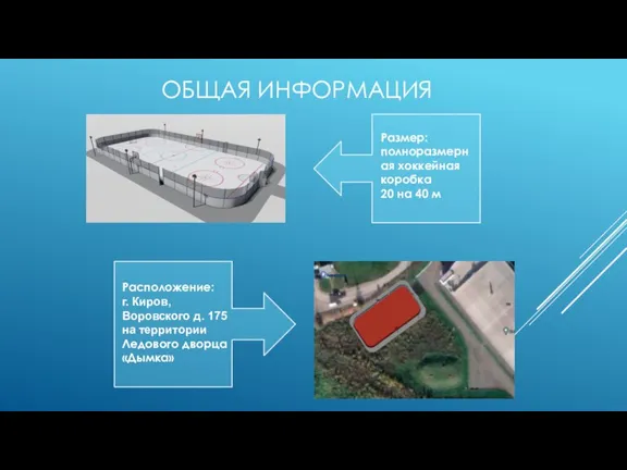 Размер: полноразмерная хоккейная коробка 20 на 40 м Расположение: г. Киров, Воровского