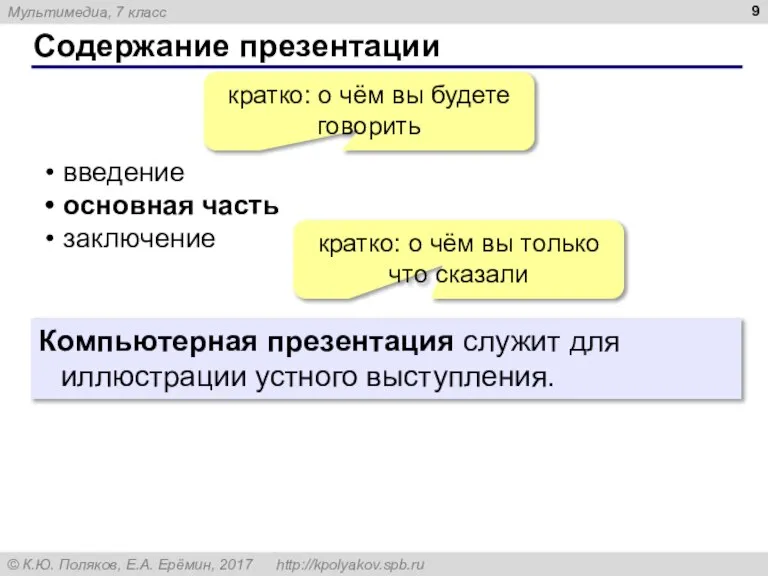 Содержание презентации введение основная часть заключение кратко: о чём вы будете говорить