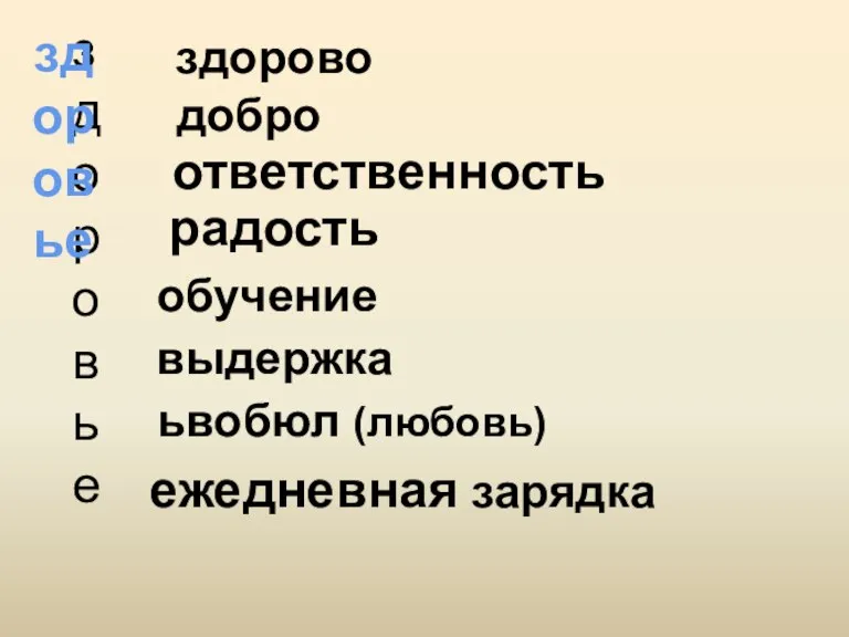 здоровье ежедневная зарядка здоровье здорово добро ответственность радость обучение выдержка ьвобюл (любовь)