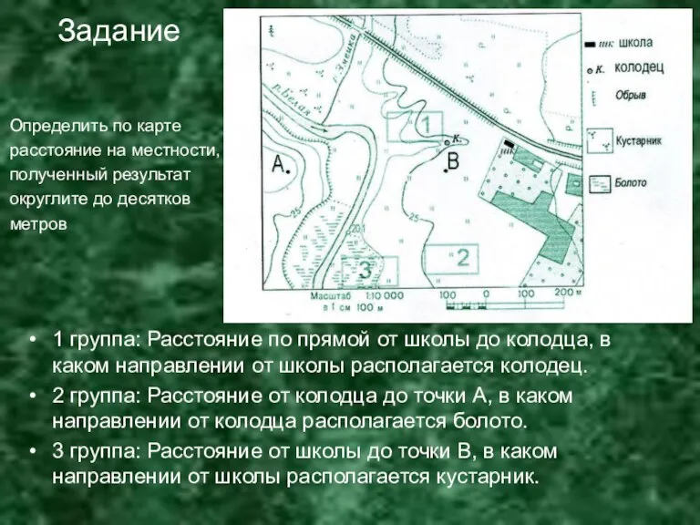 1 группа: Расстояние по прямой от школы до колодца, в каком направлении