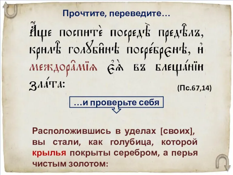 Прочтите, переведите… Расположив­шись в уделах [сво­их], вы стали, как голубица, которой крылья