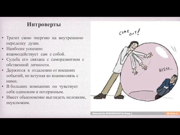 Интроверты Тратит свою энергию на внутреннюю переделку души. Наиболее успешно взаимодействует сам