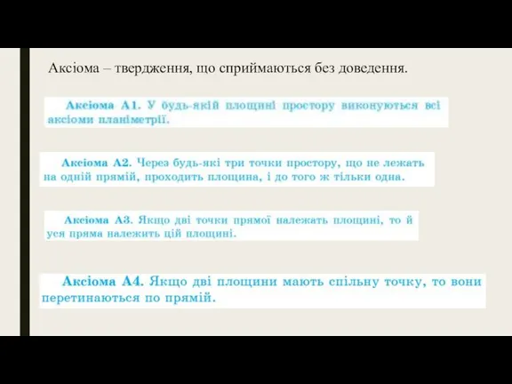 Аксіома – твердження, що сприймаються без доведення.