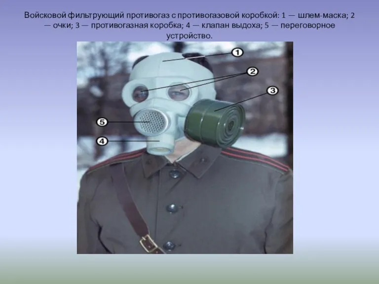 Войсковой фильтрующий противогаз с противогазовой коробкой: 1 — шлем-маска; 2 — очки;