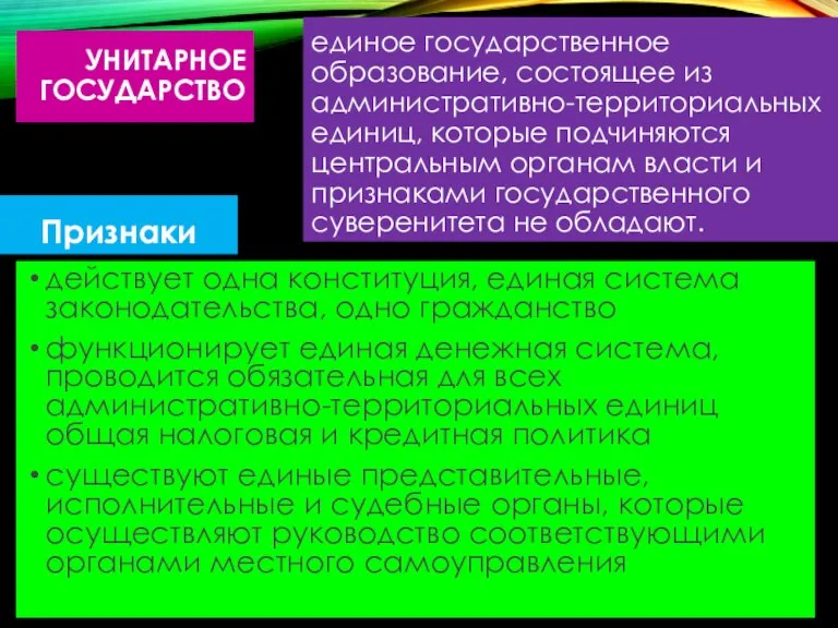 УНИТАРНОЕ ГОСУДАРСТВО действует одна конституция, единая система законодательства, одно гражданство функционирует единая