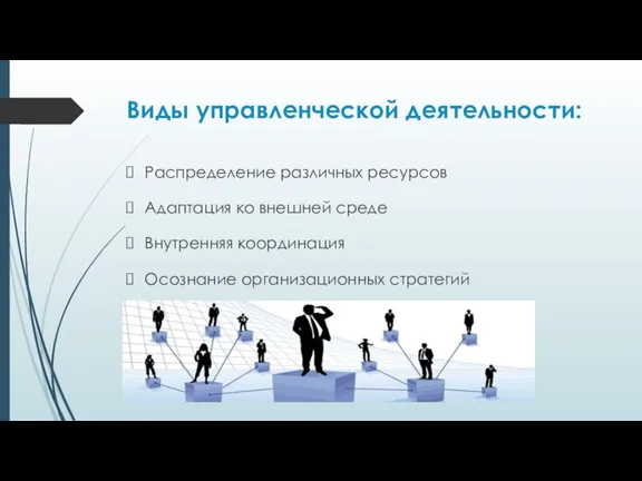 Виды управленческой деятельности: Распределение различных ресурсов Адаптация ко внешней среде Внутренняя координация Осознание организационных стратегий