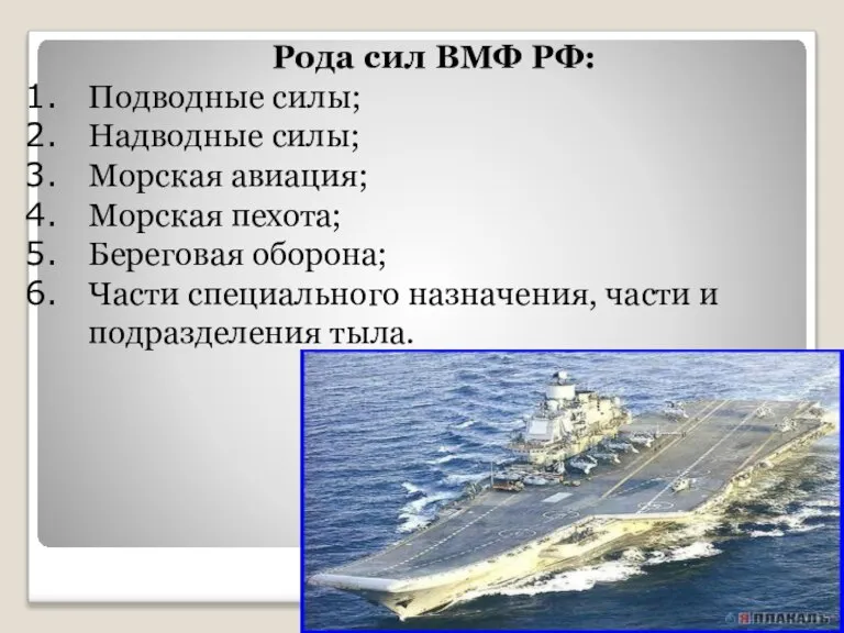 Рода сил ВМФ РФ: Подводные силы; Надводные силы; Морская авиация; Морская пехота;