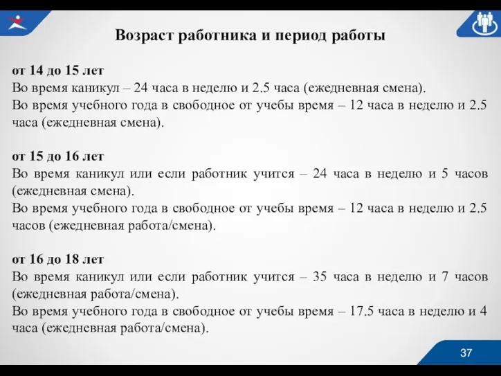 Возраст работника и период работы от 14 до 15 лет Во время