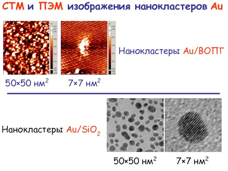 Нанокластеры Au/ВОПГ СТМ и ПЭМ изображения нанокластеров Au Нанокластеры Au/SiO2 50×50 нм2