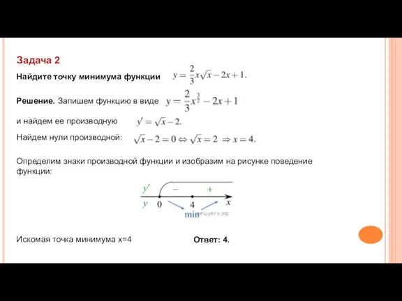 Задача 2 Найдите точку минимума функции Определим знаки производной функции и изобразим