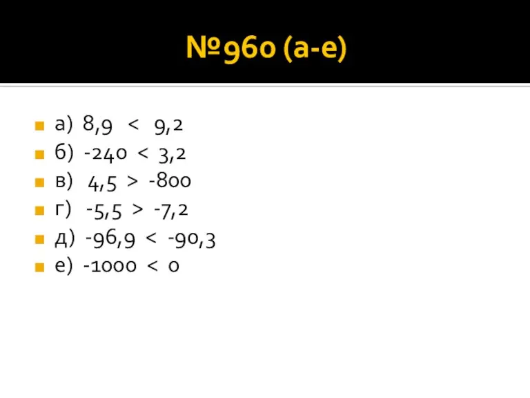 №960 (а-е) а) 8,9 б) -240 в) 4,5 > -800 г) -5,5