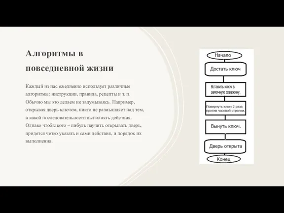 Алгоритмы в повседневной жизни Каждый из нас ежедневно использует различные алгоритмы: инструкции,