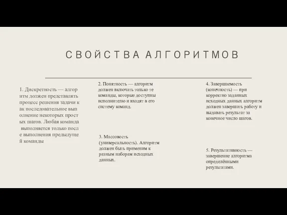 СВОЙСТВА АЛГОРИТМОВ 2. Понятность — алгоритм должен включать только те команды, которые