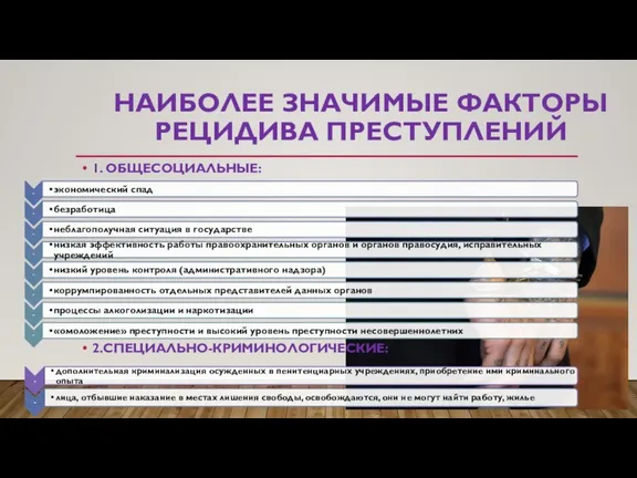 НАИБОЛЕЕ ЗНАЧИМЫЕ ФАКТОРЫ РЕЦИДИВА ПРЕСТУПЛЕНИЙ 1. ОБЩЕСОЦИАЛЬНЫЕ: 2.СПЕЦИАЛЬНО-КРИМИНОЛОГИЧЕСКИЕ: