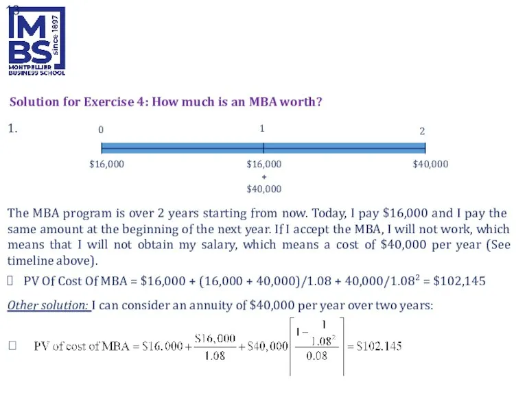 Solution for Exercise 4: How much is an MBA worth? 1. The