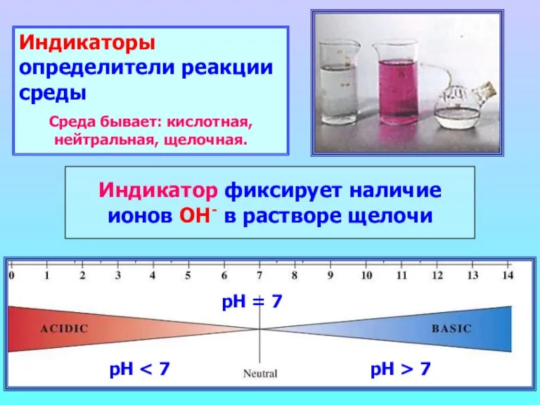 Индикаторы определители реакции среды Среда бывает: кислотная, нейтральная, щелочная. Индикатор фиксирует наличие