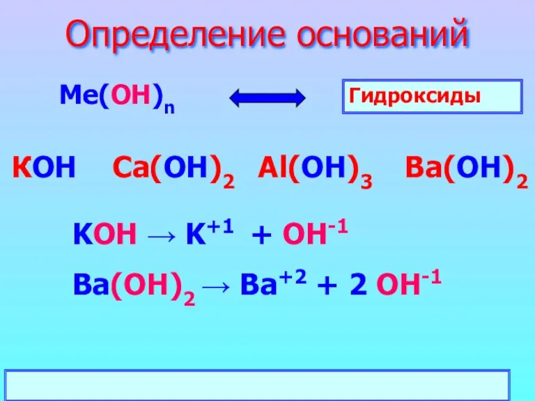 Определение оснований Ме(ОН)n КОН Ca(ОН)2 Al(ОН)3 Ba(ОН)2 Гидроксиды KOH → K+1 +