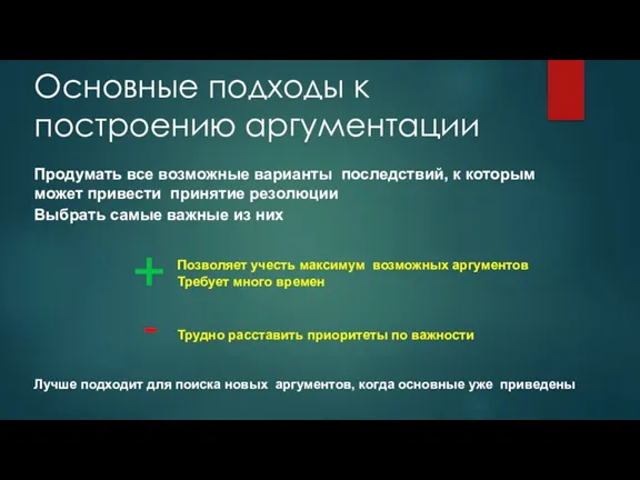 Основные подходы к построению аргументации Продумать все возможные варианты последствий, к которым