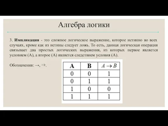 Алгебра логики 3. Импликация - это сложное логическое выражение, которое истинно во