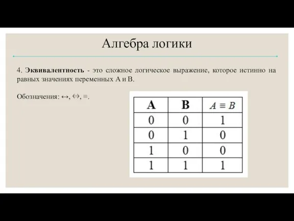 Алгебра логики 4. Эквивалентность - это сложное логическое выражение, которое истинно на